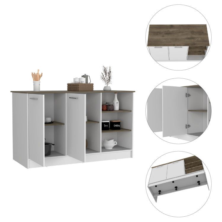Kitchen Island Two Cabinets, Three Open Shelves, White Dark Brown