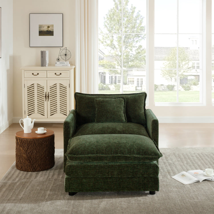Modern Accent Chair With Ottoman, Living Room Club Chair Chenille Upholstered Armchair , Reading Chair For Bedroom, Green Chenille