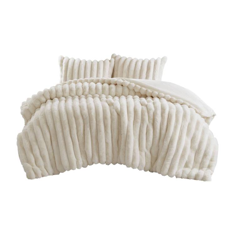 3 Piece Full Queen Soft Faux Fur Ribbed Comforter Set,Ivory