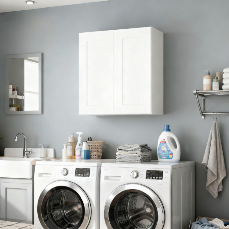 27 Inch White Shaker Double Door Wall Cabinet Solid Wood With 2 Adjustable Shelves Ready To Assemble For Kitchen,Bathroom,Laundry And Garage Storage 27"W 12"D 30"H