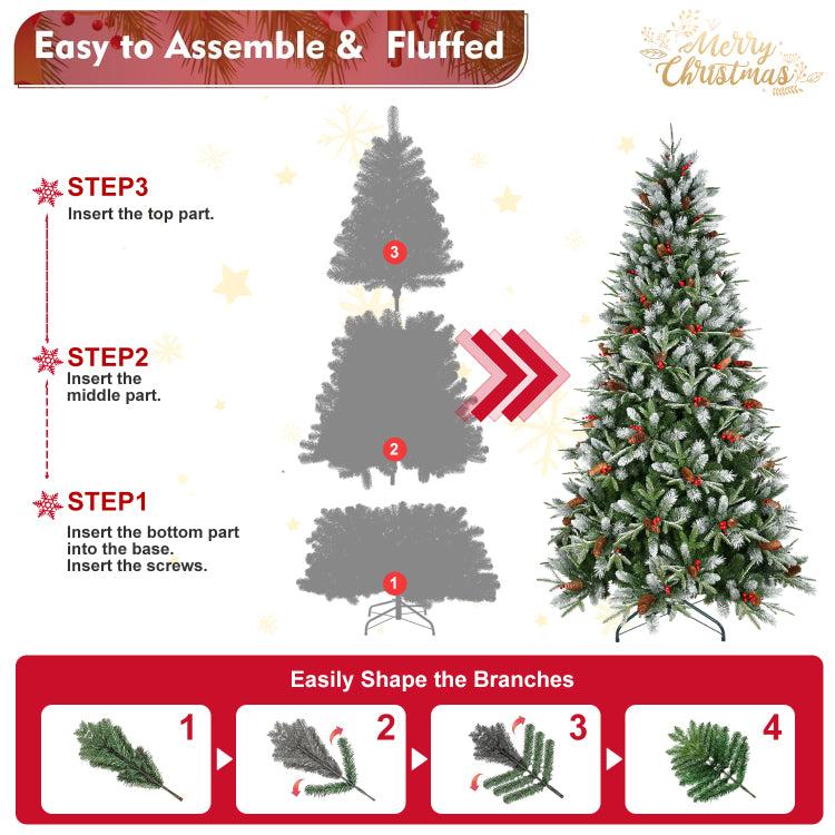 4Ft Christmas Tree With 747 Tips, Red Berries & Pine Cones Snow Dusted Pe Pvc Branches, Hinged Design For Easy Setup, Sturdy Metal Stand Full, Natural Holiday Tree Decoration