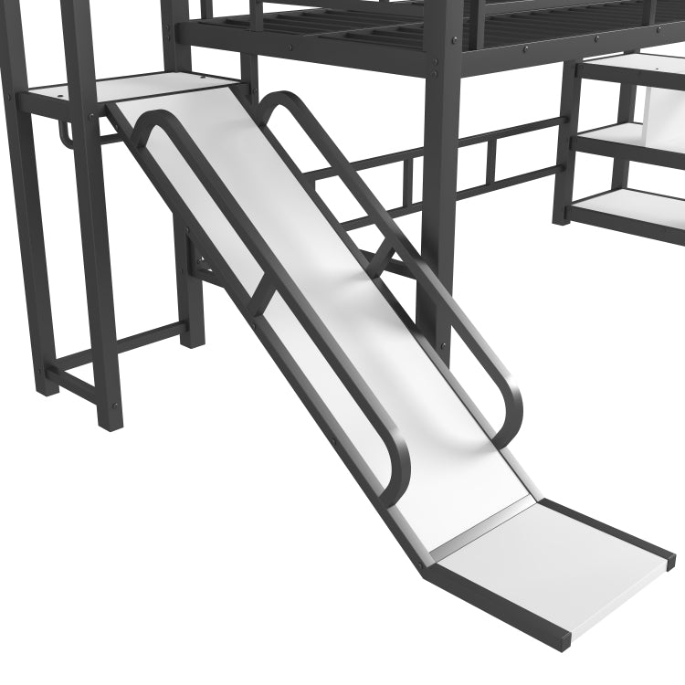 Twin House Loft Bed With Slide And Stairs, Metal Playhouse Bed With Storage Shelves, House Shaped Roof And Noise Free Design, Black