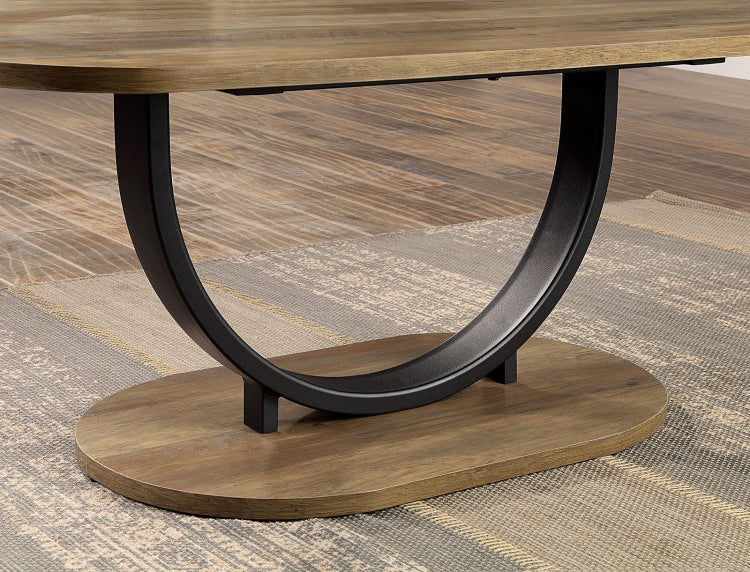 Industrial Style 3Pc Coffee Table Rustic Oak And Sand Black Finish U Shape Base Steel 1X Oval Coffee Table 2X Round End Table Replicated Wood Top