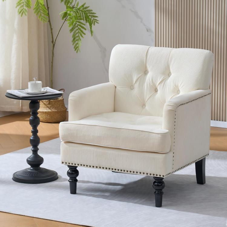 Tufted Club Chair, Accent Chair, Upholstered Button Armchair, Linen Fabric Corduroy Sofa Chairs For Bedroom, Living Room, Mid Century Modern With Studded Reading Chair Beige