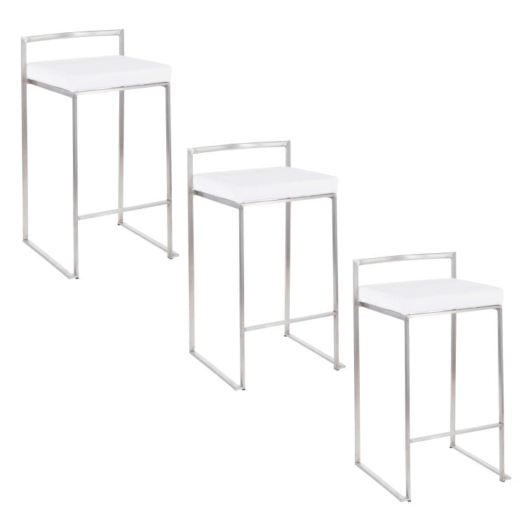 26" Contemporary Stackable Counter Stool In Stainless Steel With White Velvet Cushion Set Of 3