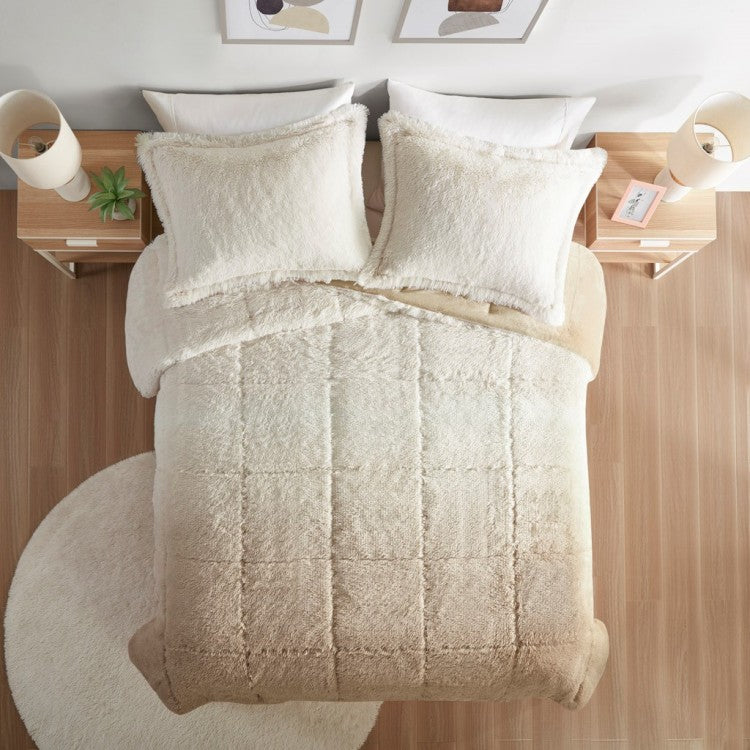 King Cal King Ombre Shaggy Long Fur Comforter Mini Set