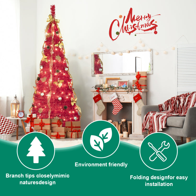 6Ft Red Pop Up Christmas Tree With 150 Warm White Led Lights, Ornaments Included 4 Ribbons, Bow, Flowers, Snowflakes, Pine Cones & Balls Easy Assembly & Space Saving Holiday D Cor