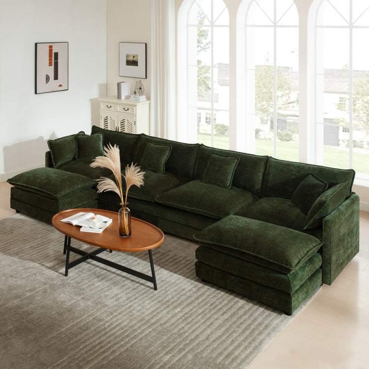 Comfort U Shaped Couch With Reversible Chaise, Modular Large U Shape Sectional Sofa, Double Extra Ottomans,Green Chenille