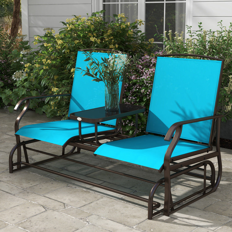 Outsunny Outdoor Glider Bench With Center Table, Metal Frame Patio Loveseat With Mesh Fabric And Armrests For Backyard Garden Porch, Blue