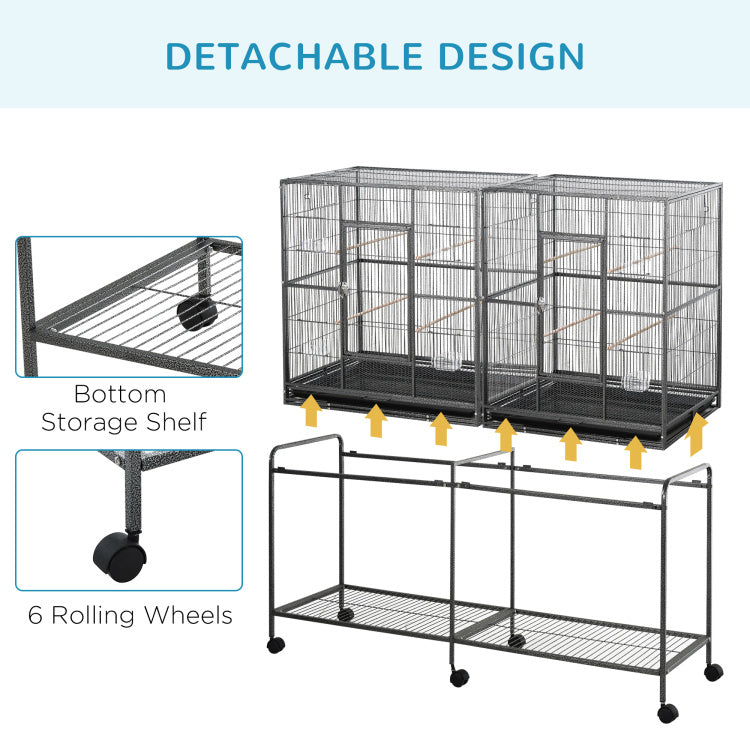 Pawhut 65" Double Rolling Metal Bird Cage Feeder With Detachable Rolling Stand, Storage Shelf, Wood Perch & Food Container