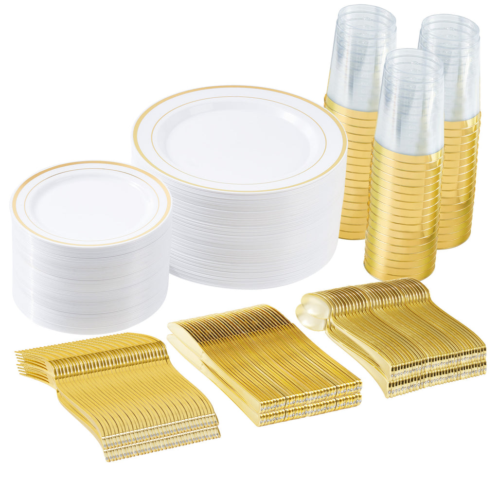 700Pcs Gold Plastic Dinnerware Set, Disposable Party Plates For 100 Guests, Include: 100 Dinner Plates, 100 Dessert Plates, 100 Pre Rolled Napkins, 100 Goldware Set And Cups For Wedding, Party