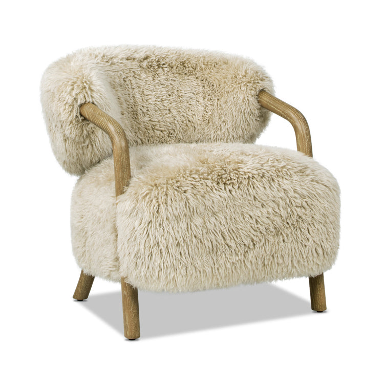 Becker 33" Rustic Oak Sheepskin Upholstered Accent Arm Chair, Taupe Beige Genuine Fur