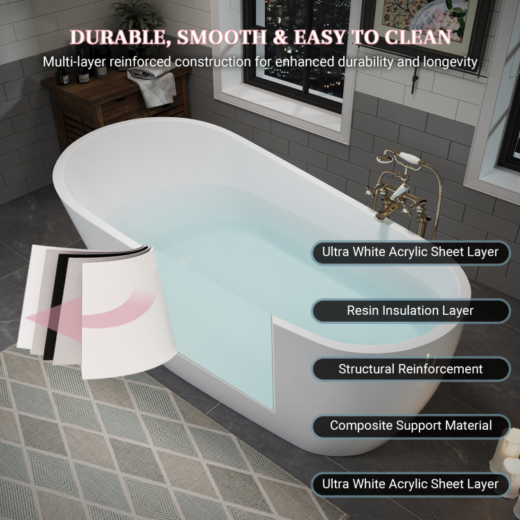 63" Acrylic Freestanding Bathtub, Stylish Deep Soaking Bathtub With Pop Up Drain & Integrated Overflow, Contemporary Stand Alone Bath Tub For Bathroom Spa Or Home Upgrade, Glossy White Th 26A04 63