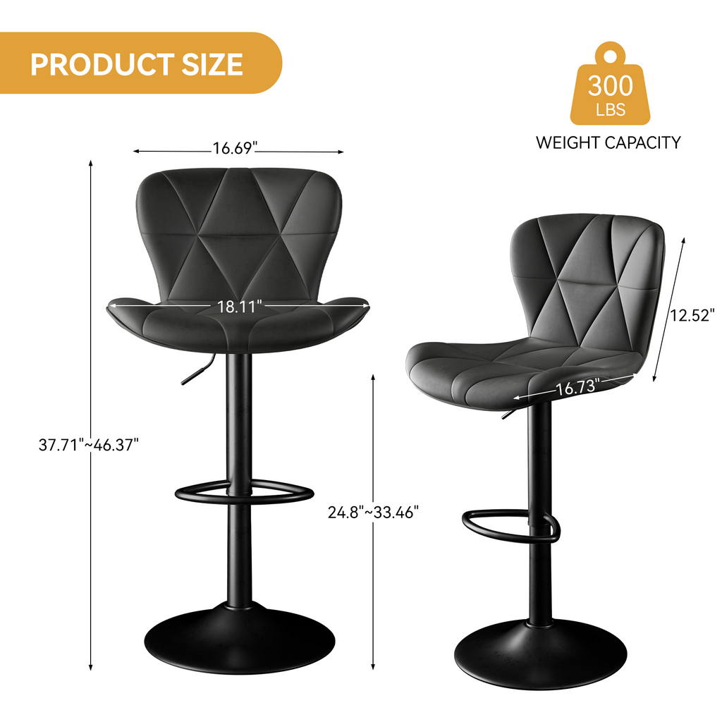 Modern Bar Stools Set Of 2, Adjustable Faux Leather Upholstered Swivel Bar Stools, Counter Height Bar Chairs With Back For Kitchen Island, Black