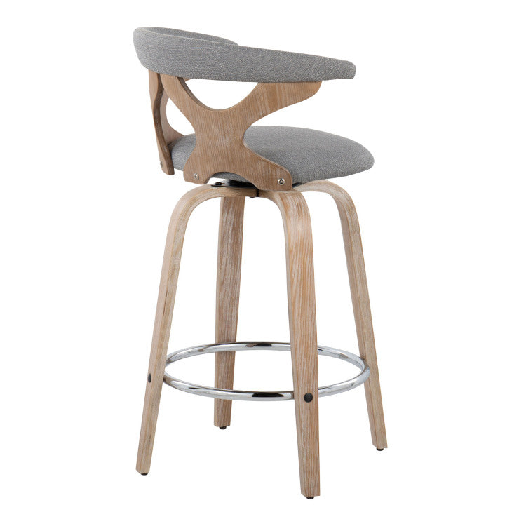 26" Contemporary Fixed Height Counter Stool With Swivel In White Washed Wood And Grey Fabric With Round Chrome Metal Footrest Set Of 2