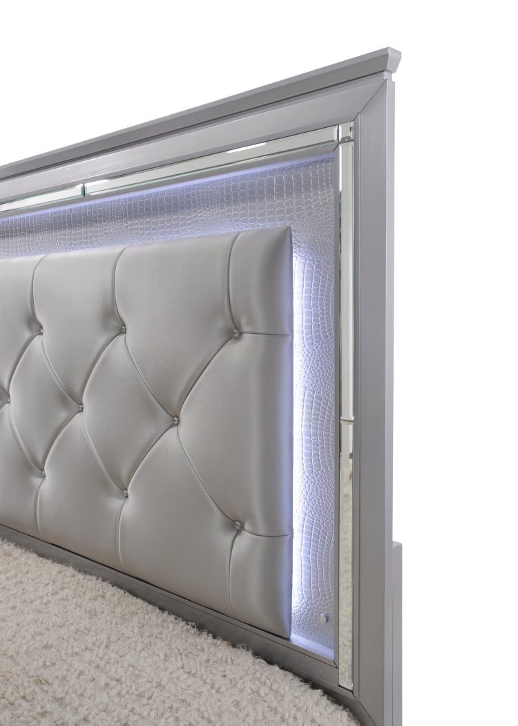 1Pc Modern Queen Led Faux Leather Upholstery Panel Bed Beveled Mirror Accents Textured Footboard Silver Beige Finish
