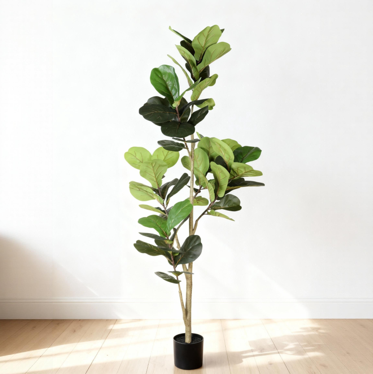 6Ft Artificial Fiddle Leaf Fig Tree With Black Plastic Pot, Real Touch Fake Indoor Plant For Home Office Living Room Corner Decoration, 1Pc Set