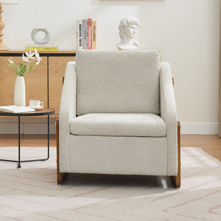 057 Set Of 1 Chenille Fabric Modern Upholstered Armchair With Wooden Side Frame , Accent Leisure Chair With Cushioned Seat And Backrest For Living Room, Bedroom,Beige
