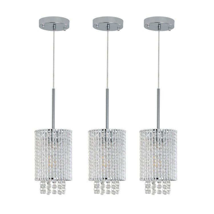 5" Modern Crystal Pendant Light 3 Pack Adjustable Chrome Hanging Ceiling Fixture With Clear Beads, Elegant Design For Kitchen Island, Dining Room, Or Living Room No Bulbs