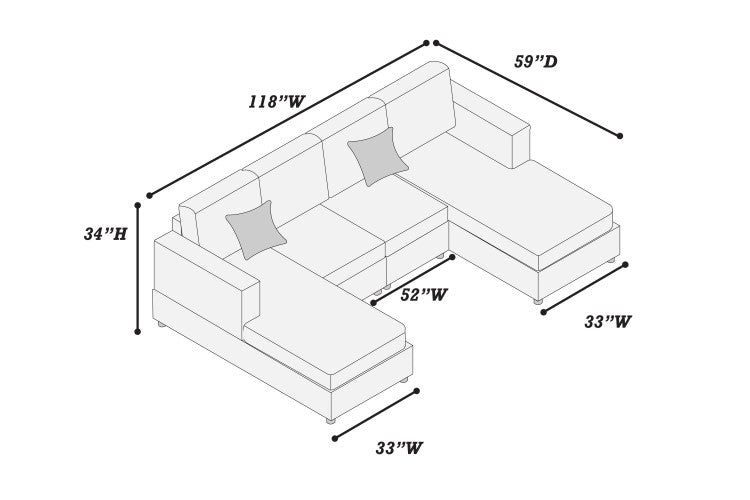 Dark Gray Finish 3Pc U Shaped Sectional Set Cushion Back Armless Chairs Right Arm And Left Arm Chaise Primary Living Room Comfortable For 4 People