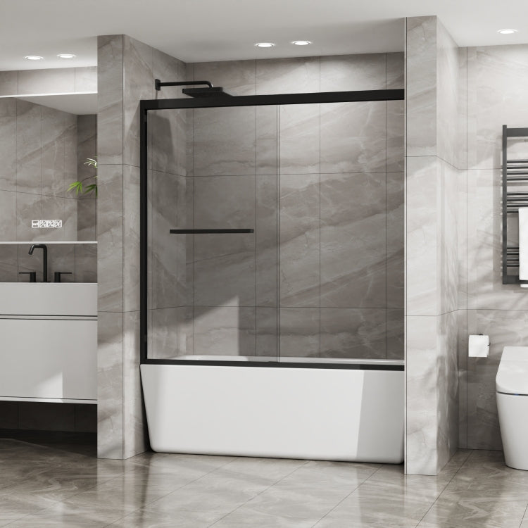 Goodyo Double Sliding Bathtub Shower Door 60 In. W X 58 In. H Aluminum Framed Shower Enclosure For Tub With Sgcc Clear Tempered Glass, Stainless Steel Hardware, Matte Black