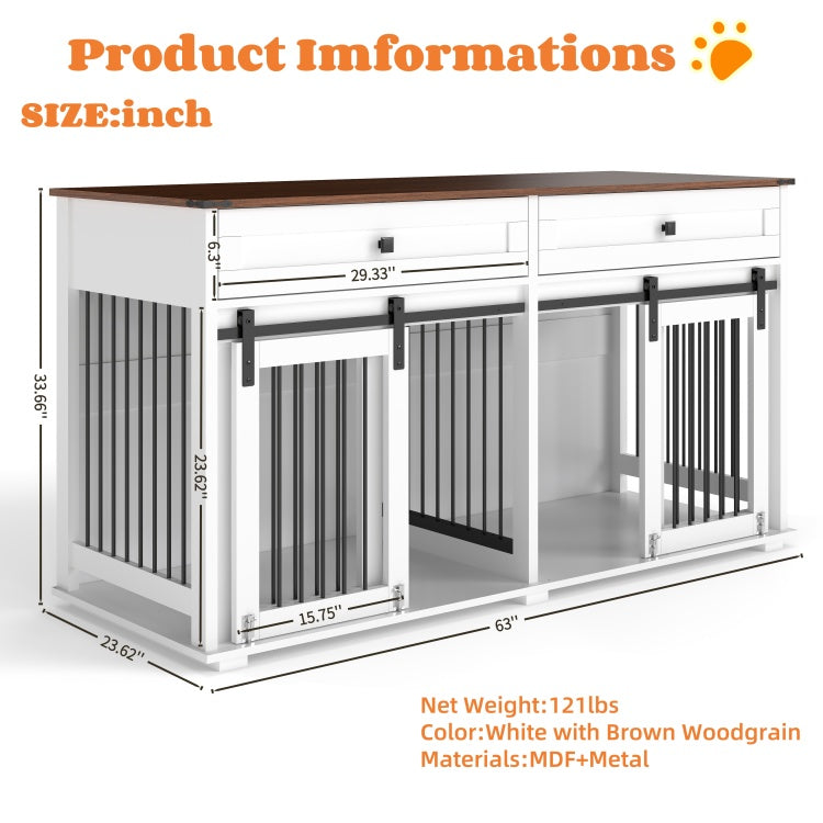 63'' Large Dog Crate Furniture For Double Dog, Wooden Dog Kennel With 2 Drawers,Divider And Sliding Door, Water Resistant Indoor Pets Furniture Style Double Dog Crates