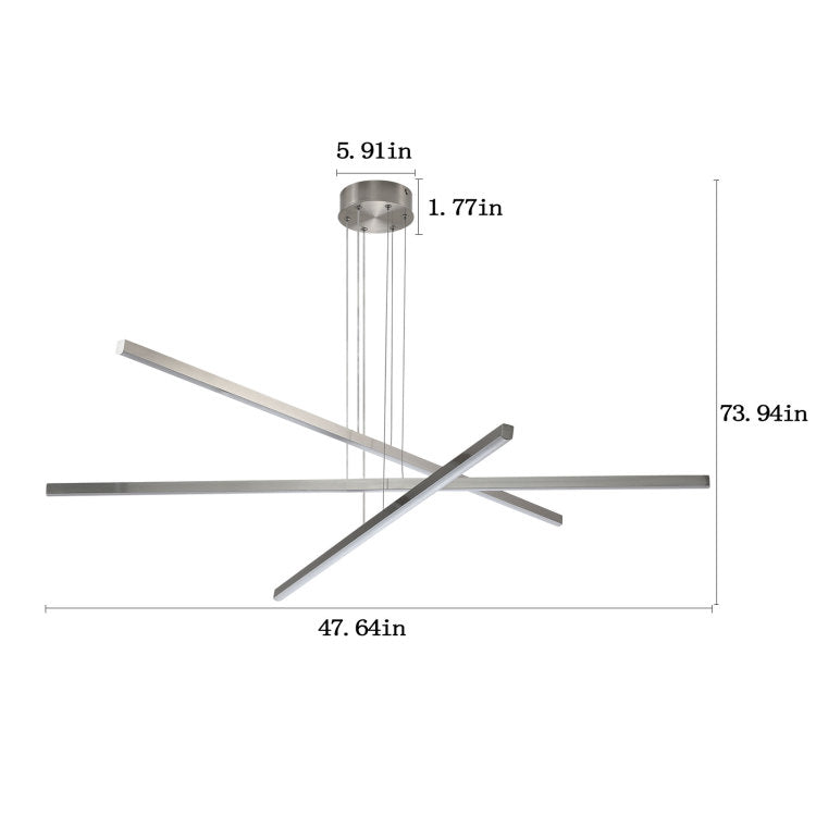 48" Modern Led Chandelier Geometric 3 Arm Design, Adjustable Hanging, Sleek Metal Finish For Dining Room, Living Room & Office