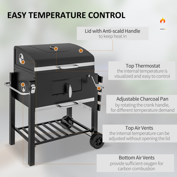 Outsunny Charcoal Bbq Grill, Outdoor Portable Cooker For Camping Or Backyard Picnic With Side Table, Bottom Storage Shelf, Wheels And Handle, Black