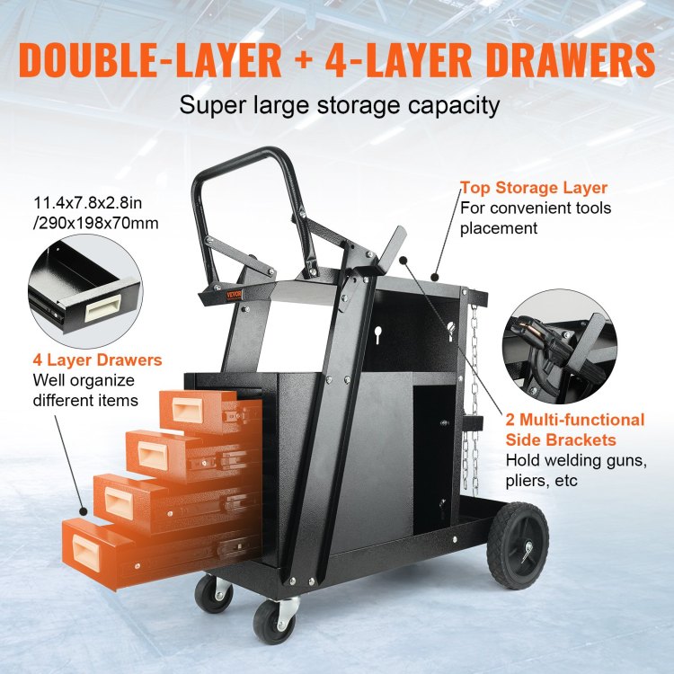Welding Cart, 2 Tier 4 Drawers Welder Cart With 265 Lbs Weight Capacity, 360 Swivel Wheels, Tank Storage Safety Chains, Heavy Duty Rolling Mig Welder Cart For Mig Welder And Plasma Cutter