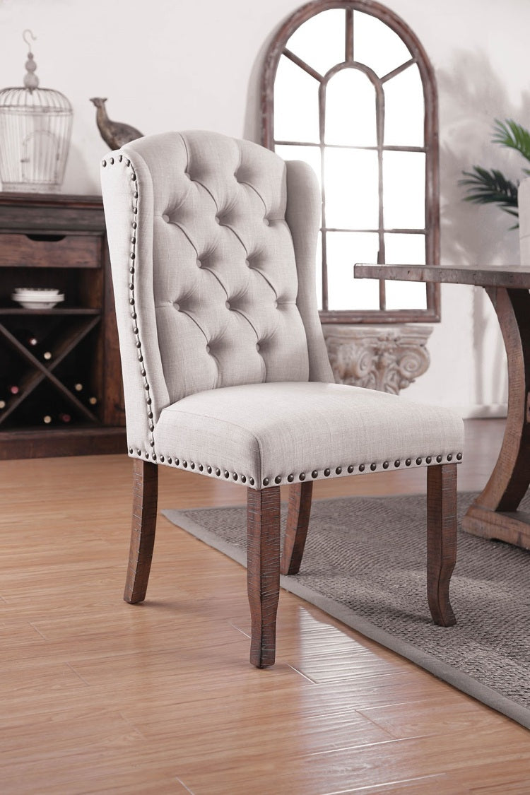 Contemporary Ivory Beige Fabric 2Pcs Side Chairs Tufted Wingback Design Rustic Oak Solidwood Back Dining Chairs Furniture