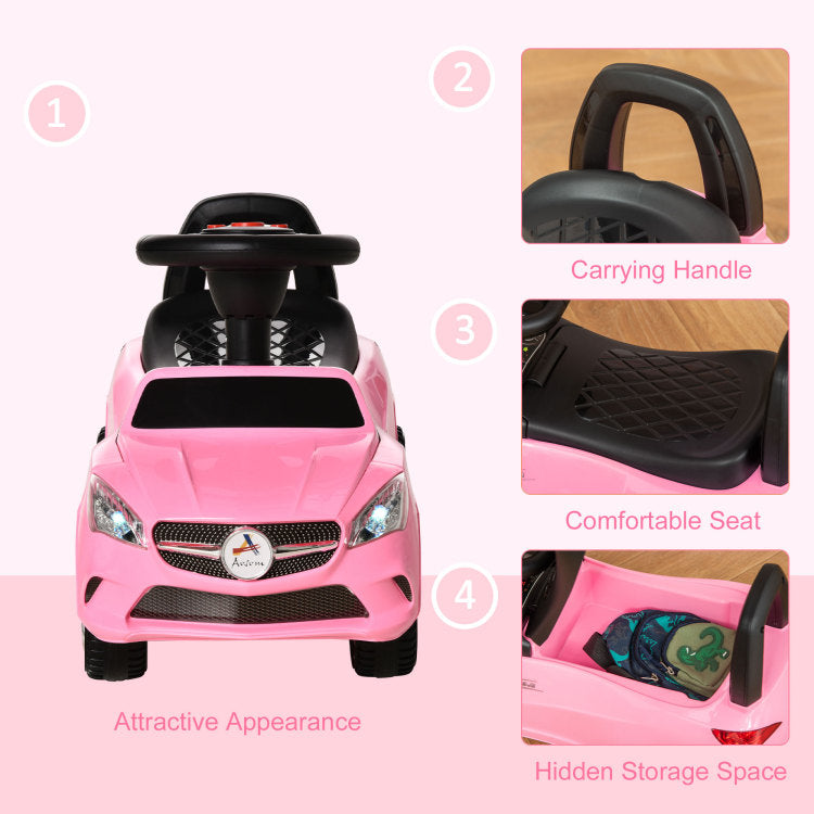 Aosom Kids Ride On Push Car, Foot To Floor Walking Sliding Toy Car For Toddler With Working Horn, Music, Headlights And Storage, Pink
