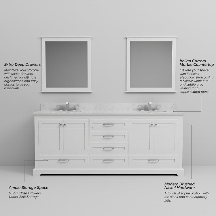 White Double Bath Vanity 80 In. W X 22 In. D, Carrara Marble Top, And Faucet Set