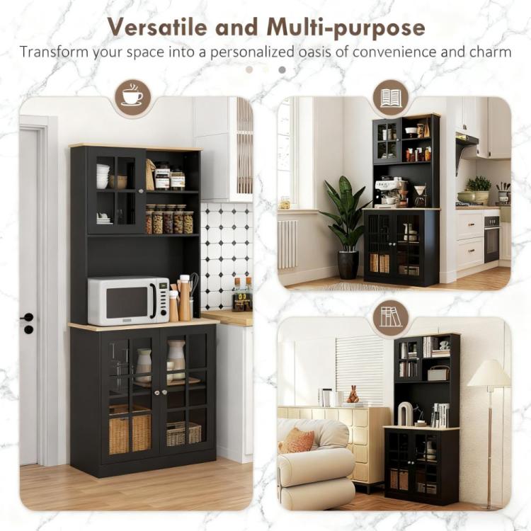 Freestanding Cabinet,Kitchen Pantry Storage Cabinet,Large Countertop, Glass Doors And Adjustable Shelves For Dining Room