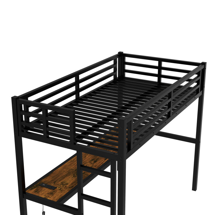 Metal Twin Xl Size Loft Bed With Power Outlet And Led Lighted, Space Saving, Noise Reduced, Black