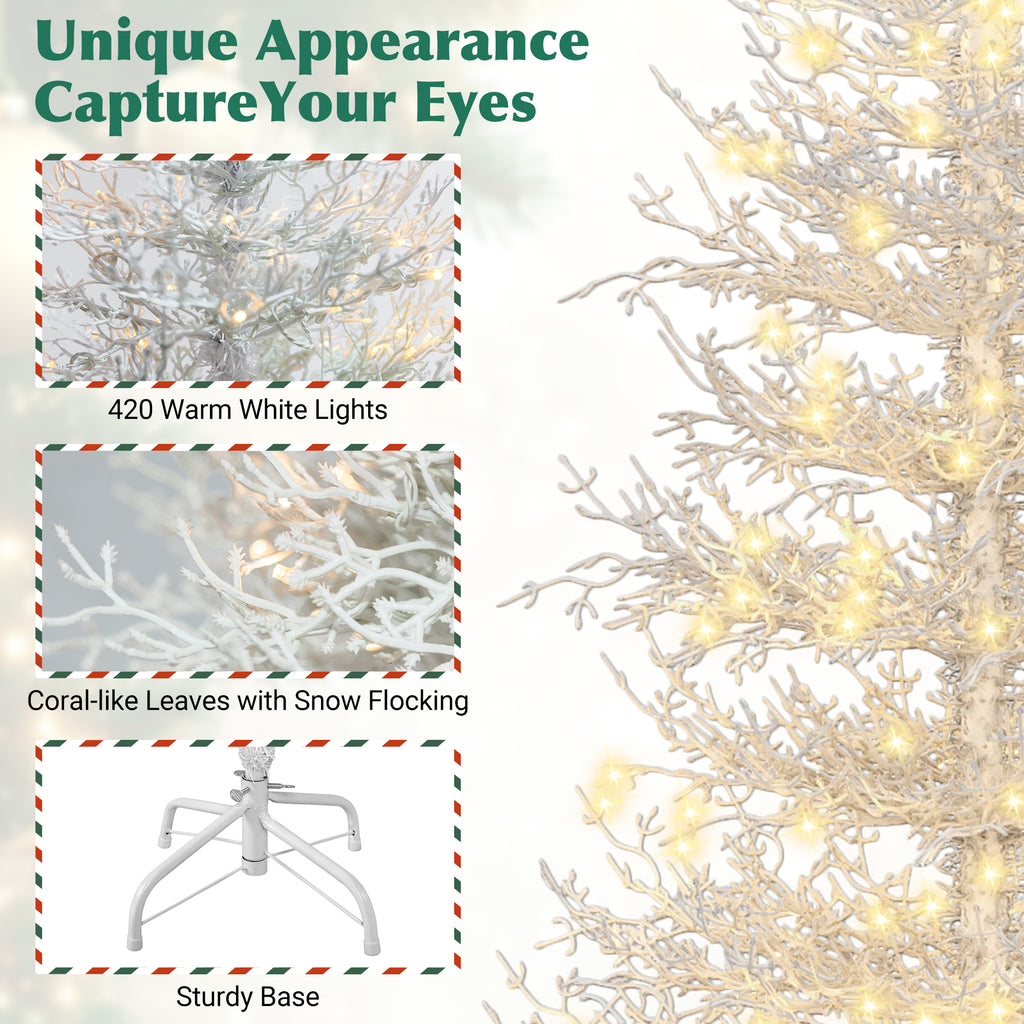 6Ft Pre Lit Aspen Fir Artificial Christmas Tree, Hinged Xmas Tree 623 Snow Flocked Branch Tips, 420 Warm White Led Lights, Holiday Coral Christmas Tree For Home Party