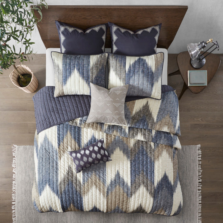 3 Piece Printed Cotton Quilt Set Navy Full Queen