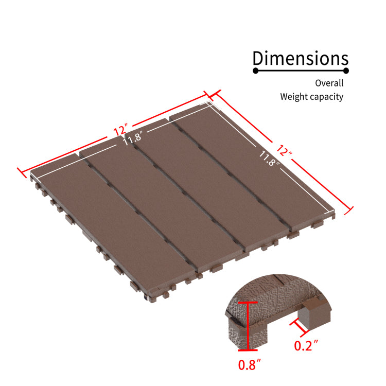Plastic Interlocking Deck Tiles,44 Pack Patio Deck Tiles,12"X12" Square Waterproof Outdoor All Weather Use, Patio Decking Tiles For Poolside Balcony Backyard, Brown