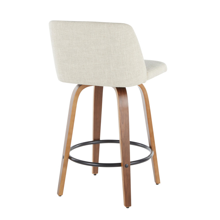 Mid Century Modern Counter Stool In Walnut And Cream Fabric Set Of 2