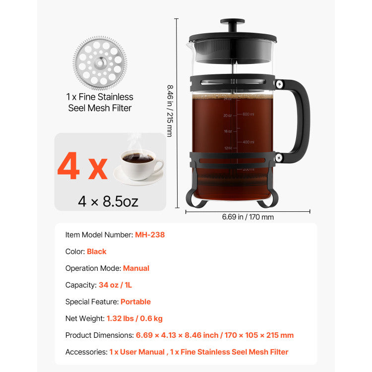French Press Coffee Maker 34 Oz Borosilicate Glass Coffee Tea Press Silver