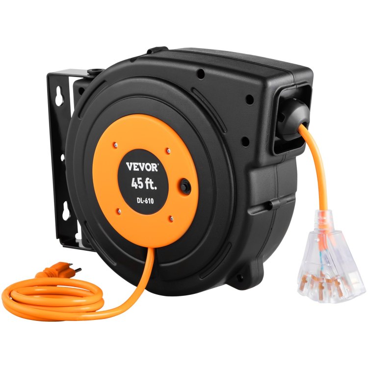 Retractable Extension Reel, Heavy Duty 12Awg 3C Sjtow Power Cord 45 Ft 12Awg, Black