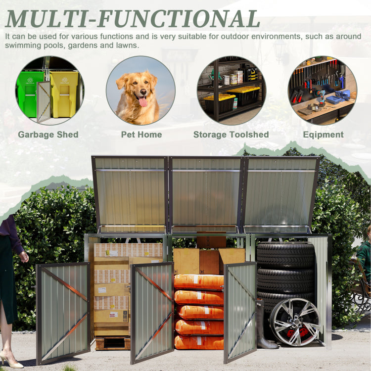 Garbage Bin Shed Stores 3 Trash Cans With Pneumatic Support Rod, With Lockable Doors & Waterproof Lid Chain, For Patio,Garden,Backyard,Grey