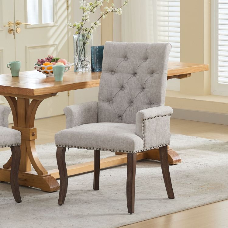 Upholstered Chenille Fabric Accent Dining Chair, Curved Solid Wood Legs, Elegant Tufted Club Dining Room Kitchen Room Arm Dining Chair, Single Pack,Beige,Sw1895Bg