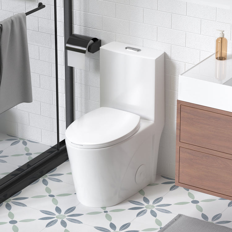 1.1 1.6 Gpf Tornado Flush One Piece Toilet For Bathrooms,Siphonic S Trap 12",Elongated Bowl With Soft Close Seat,Powerful Dual Flush Map 1000G,Comfort Chair Seat Ada Height 17",Glossy White Gw 001