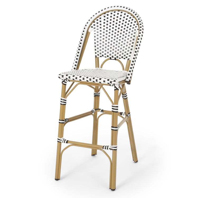 29.5" Outdoor Pe Rattan French Barstool, White And Black, Aluminum Frame With Bamboo Finish Set Of 2