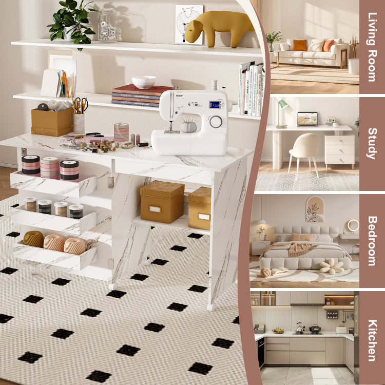 4 In 1 Folding Sewing Table With Lockable Wheels Multi Functional Craft Station, End Table, Computer Desk & Kitchen Storage With Shelves, White Rolling Sewing Machine Table For Apartments