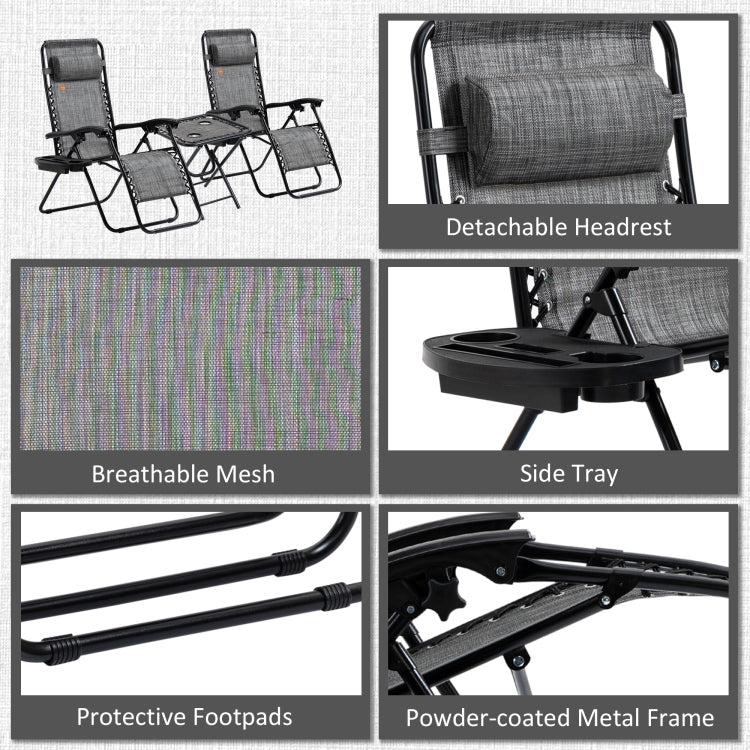Outsunny Zero Gravity Chair Set With Side Table, Folding Reclining Chair With Cupholders & Pillows, Adjustable Lounge Chair For Pool, Backyard, Lawn, Beach, Gray