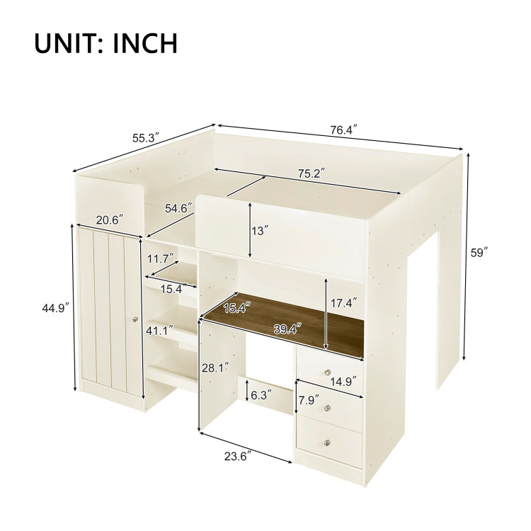Wood Full Size Loft Bed With Built In Wardrobe, Desk, Storage Shelves And Drawers, Beige
