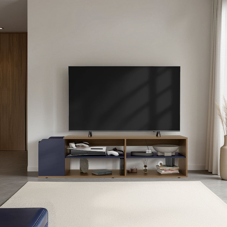 Solene Tv Stand With Open Shelves For Various Modern Storage, Media Console For Living Room, Natural Oak, Blue