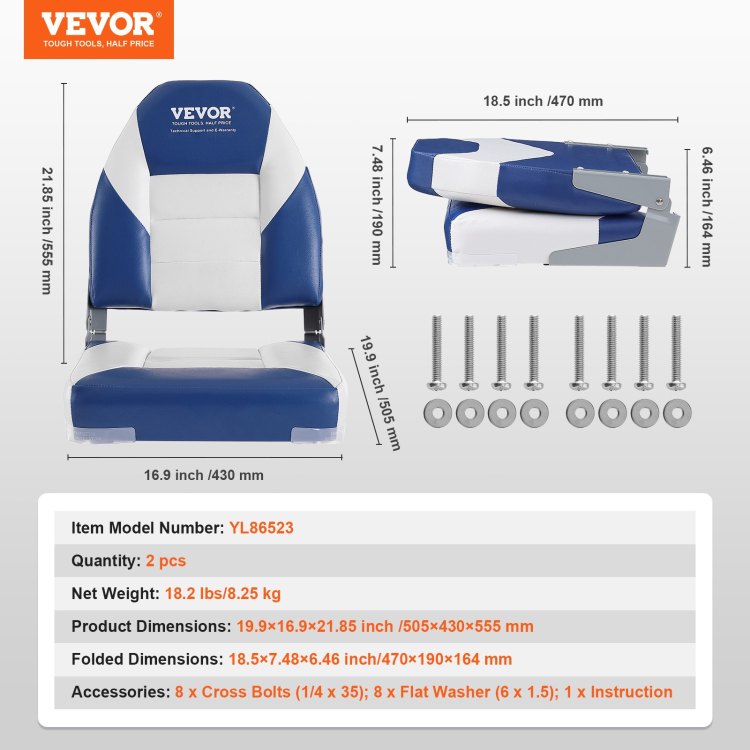 Boat Seats, 21.85" High Back Boat Seat, Folding Boat Chair With Thickened Sponge Padding And Hinge, Fold Down Boat Captain Chairs For Fishing Boat, Sightseeing Boat, Speedboat, Canoe, 2 Pack