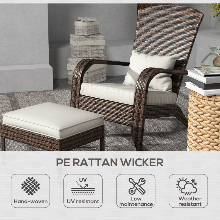 Outsunny Patio Wicker Adirondack Chair With Ottoman, Outdoor Fire Pit Chair With Cushions, High Back, Large Seat & Armrests For Deck, Garden & Backyard, Cream White